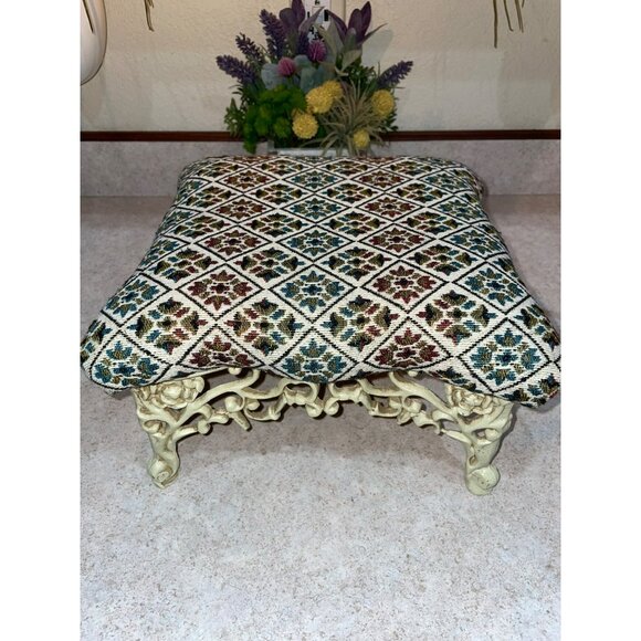 Vintage Ornate Needlepoint Footstool With Floral Pattern & Intricate Carved Meta